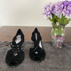 Johnson and Murphy Lace Up Open Toe Heels